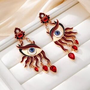 New! Devil,s Eye Motif Red and Gold Dangle Earrings
